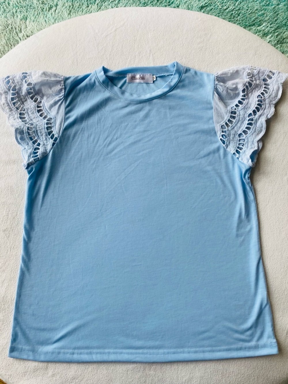 Light Blue Lace-Trim Short Sleeve Tee by Claudia